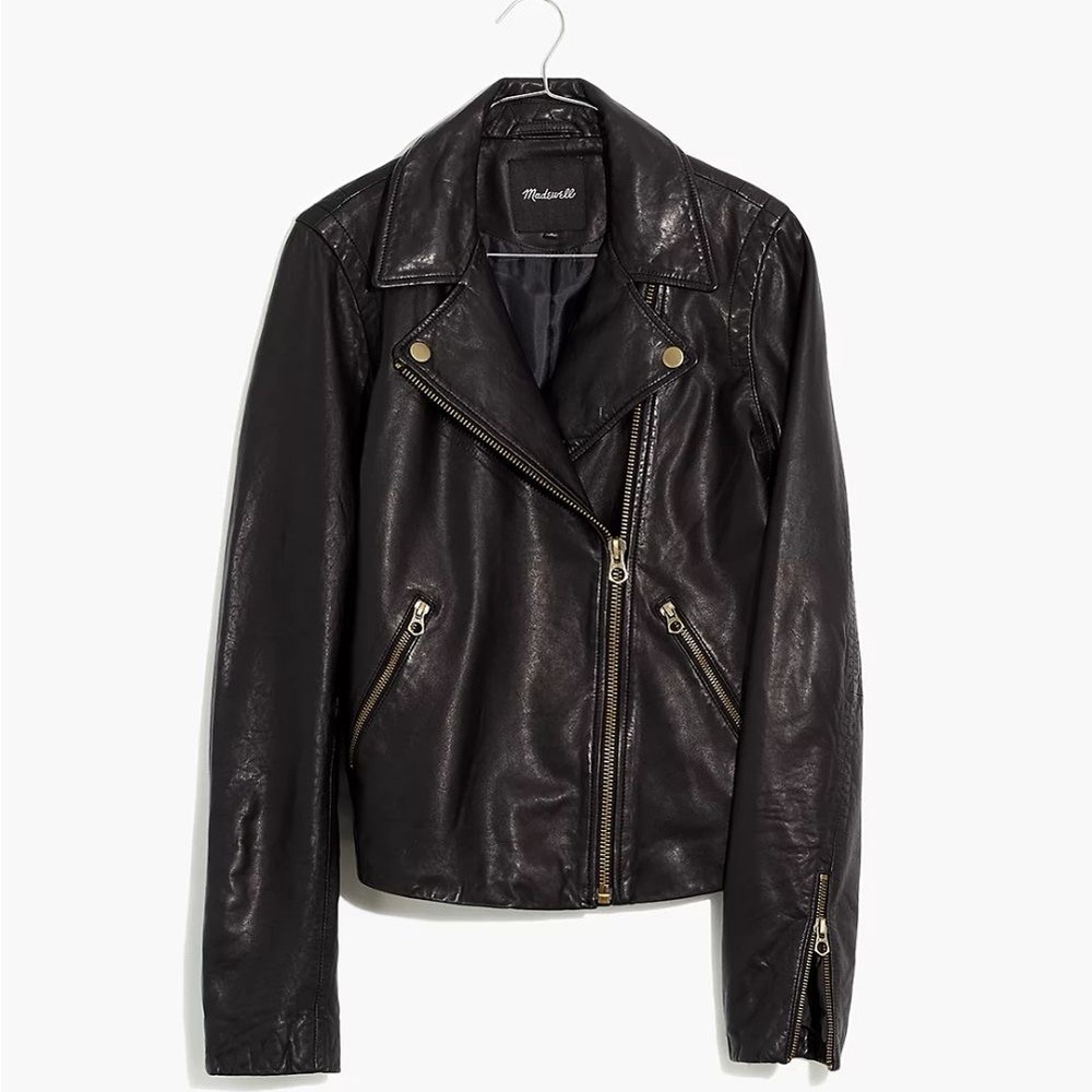 Madewell black washed leather biker jacket with brass hardware size M